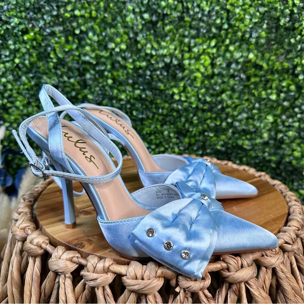 Lulus‎ baby Blue Satin Heels with studded Bow